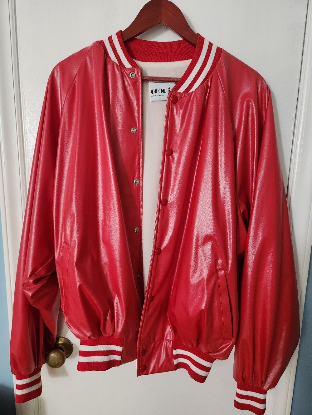 Vintage Red Pleather Bomber Jacket with Stripe Trim